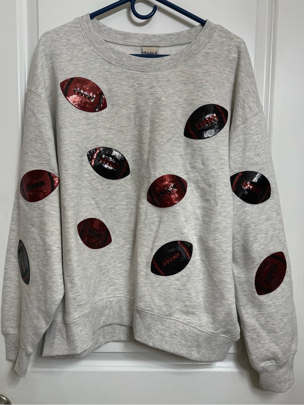 Women’s Sequin Football Sweatshirt Chicka-d Ash Gray Crewneck Large NWT